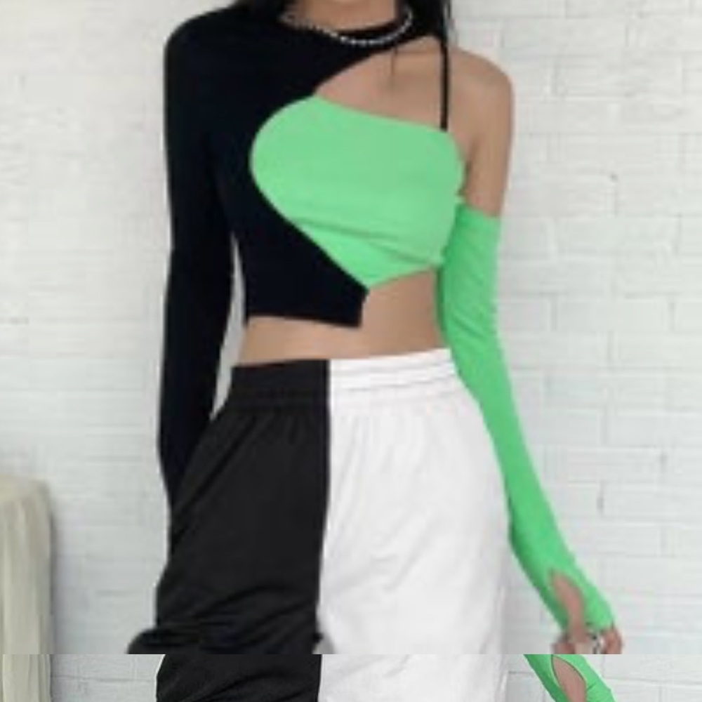 Black and green asymmetrical crop top